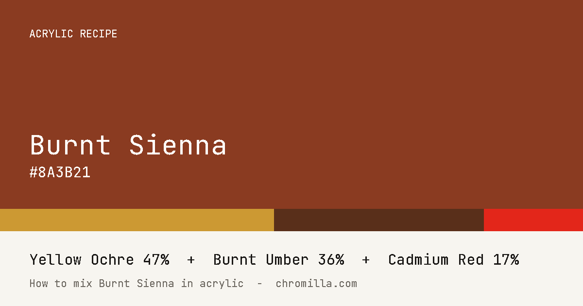 Burnt Sienna paint swatch, hex #8A3B21, mixed from Yellow Ochre, Burnt Umber, and Cadmium Red