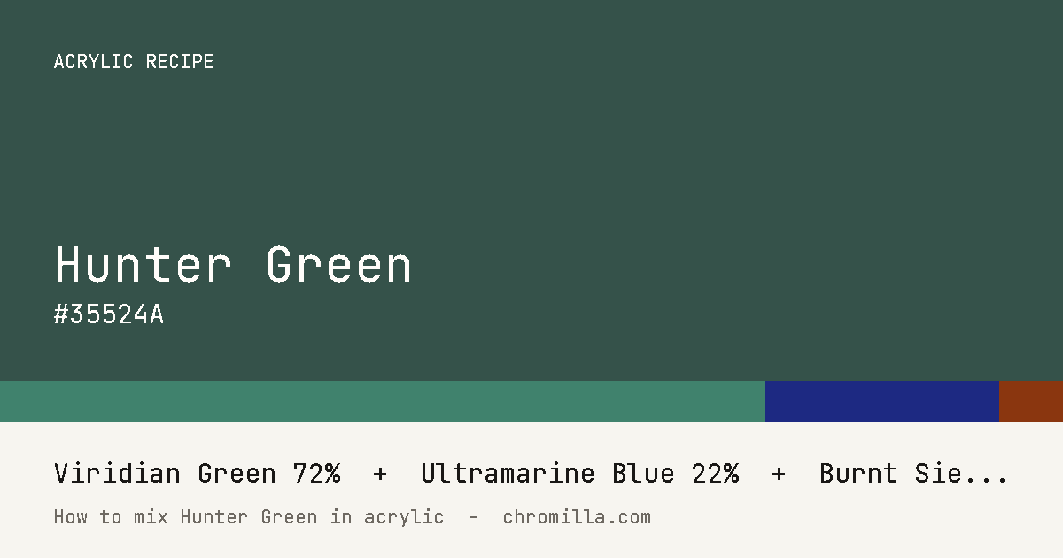 Hunter Green paint swatch, hex #35524A, mixed from Viridian Green, Ultramarine Blue, and Burnt Sienna