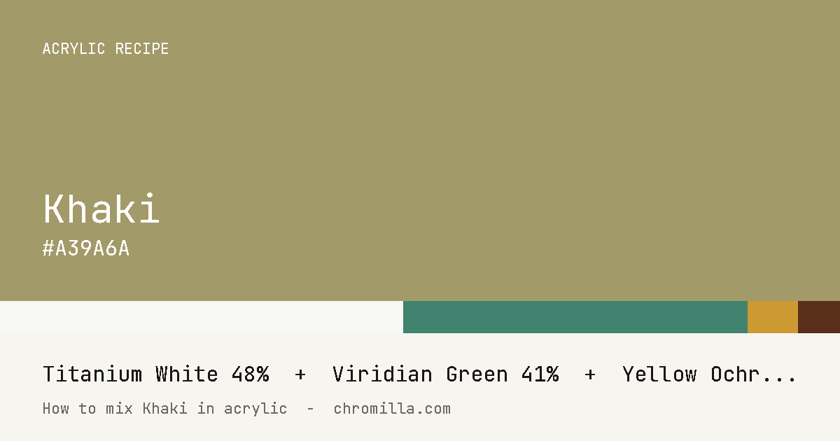 Khaki paint swatch, hex #A39A6A, mixed from Titanium White, Viridian Green, Yellow Ochre, and Burnt Umber
