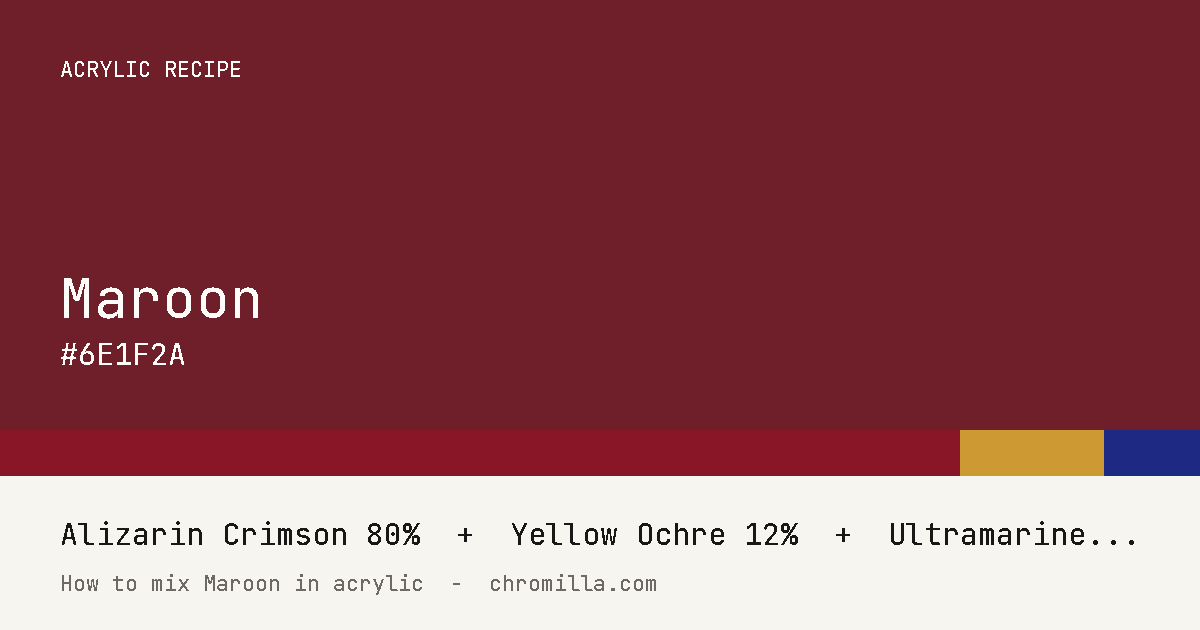 Maroon paint swatch, hex #6E1F2A, mixed from Alizarin Crimson, Yellow Ochre, and Ultramarine Blue