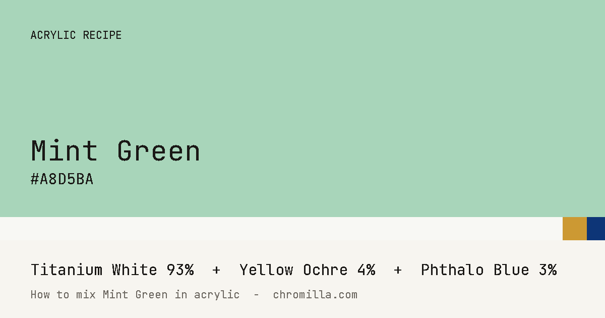 Mint Green paint swatch, hex #A8D5BA, mixed from Titanium White, Yellow Ochre, and Phthalo Blue