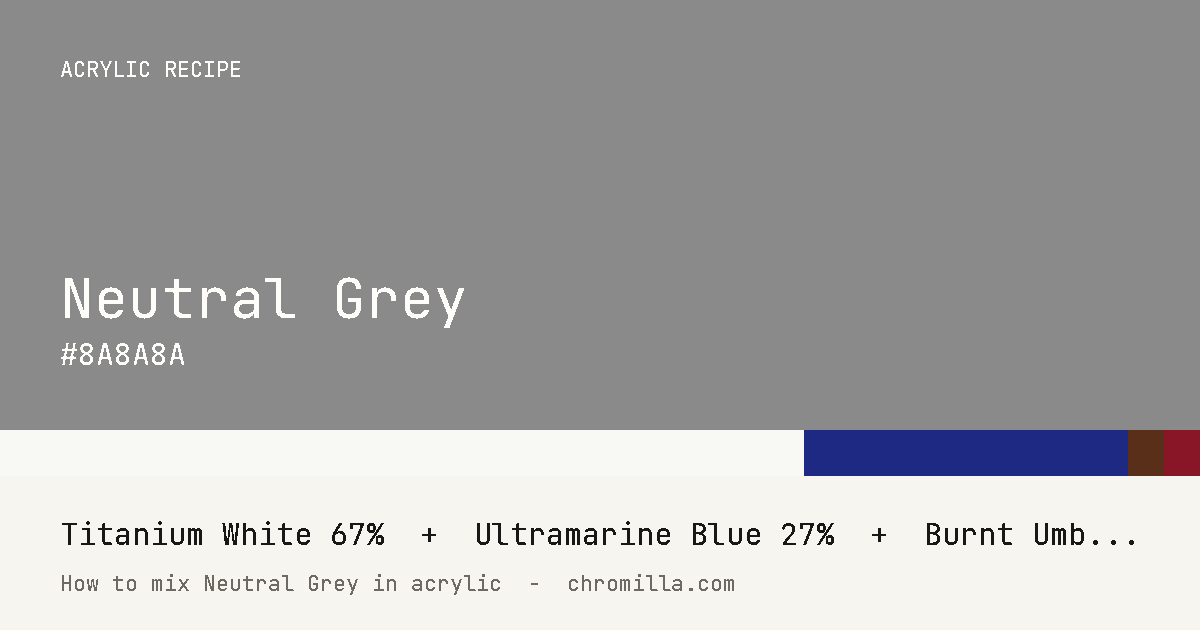 Neutral Grey paint swatch, hex #8A8A8A, mixed from Titanium White, Ultramarine Blue, Burnt Umber, and Alizarin Crimson