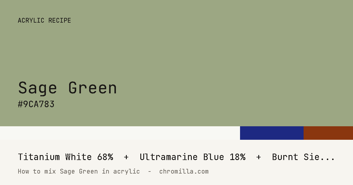 Sage Green paint swatch, hex #9CA783, mixed from Titanium White, Ultramarine Blue, and Burnt Sienna