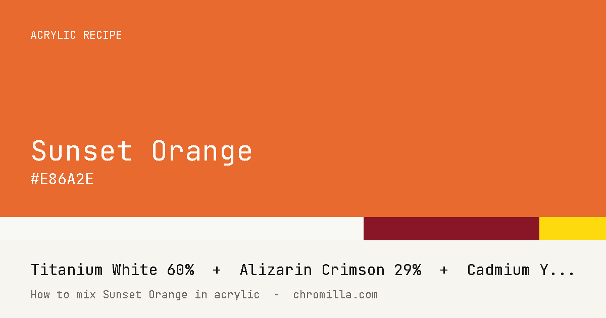 Sunset Orange paint swatch, hex #E86A2E, mixed from Titanium White, Alizarin Crimson, and Cadmium Yellow