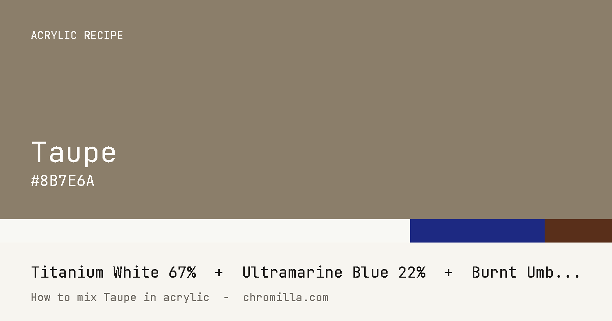 Taupe paint swatch, hex #8B7E6A, mixed from Titanium White, Ultramarine Blue, and Burnt Umber