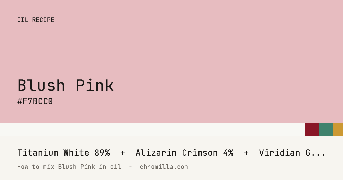Blush Pink paint swatch, hex #E7BCC0, mixed from Titanium White, Alizarin Crimson, Viridian Green, and Yellow Ochre