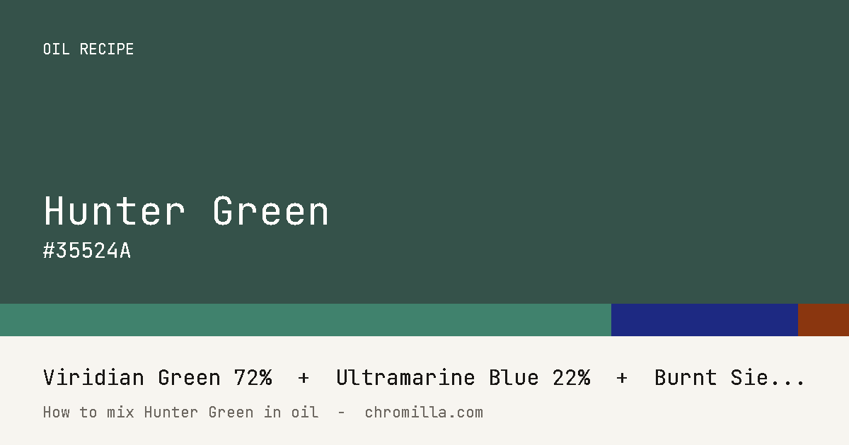 Hunter Green paint swatch, hex #35524A, mixed from Viridian Green, Ultramarine Blue, and Burnt Sienna