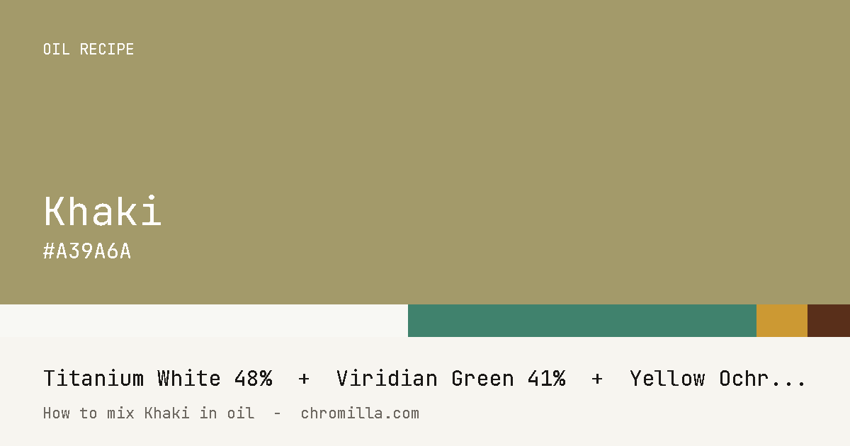 Khaki paint swatch, hex #A39A6A, mixed from Titanium White, Viridian Green, Yellow Ochre, and Burnt Umber