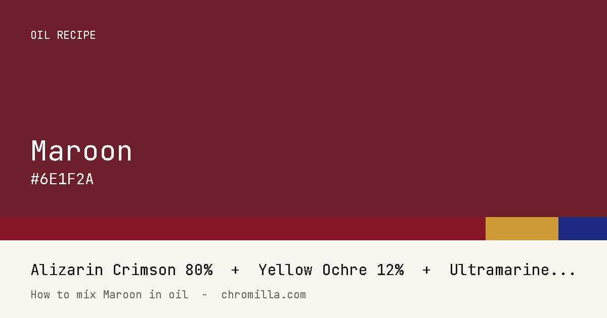 Maroon paint swatch, hex #6E1F2A, mixed from Alizarin Crimson, Yellow Ochre, and Ultramarine Blue