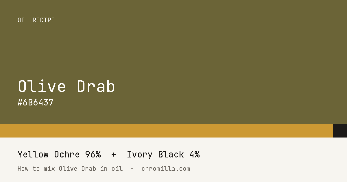 Olive Drab paint swatch, hex #6B6437, mixed from Yellow Ochre and Ivory Black