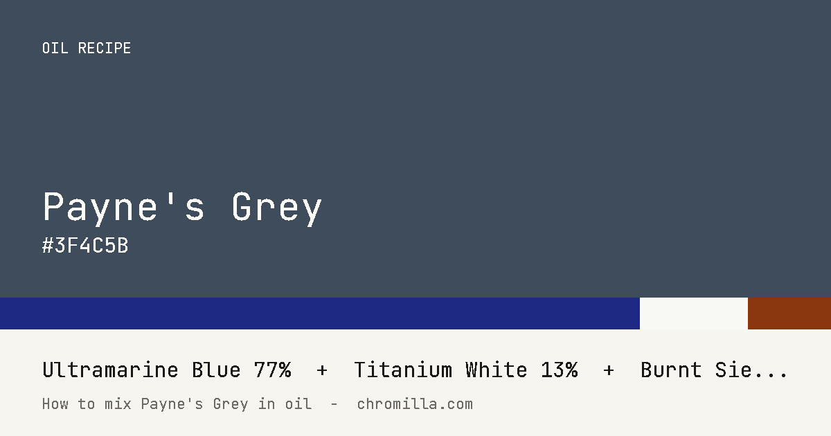 Payne's Grey paint swatch, hex #3F4C5B, mixed from Ultramarine Blue, Titanium White, and Burnt Sienna