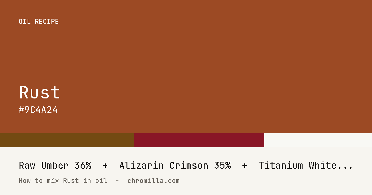 Rust paint swatch, hex #9C4A24, mixed from Raw Umber, Alizarin Crimson, and Titanium White