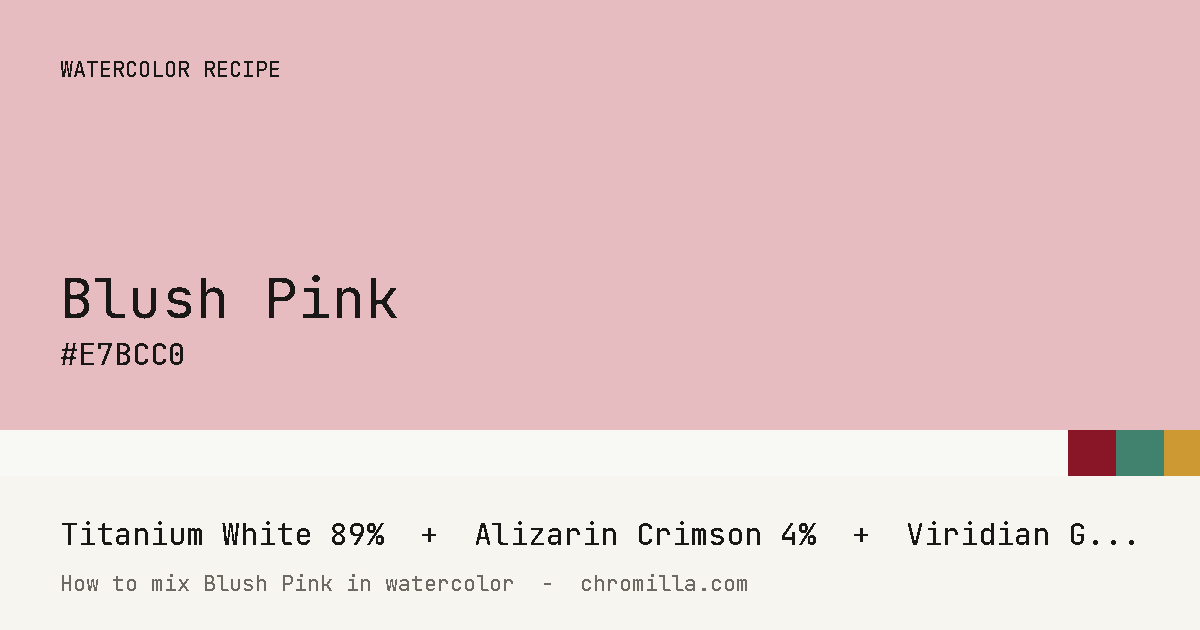 Blush Pink paint swatch, hex #E7BCC0, mixed from Titanium White, Alizarin Crimson, Viridian Green, and Yellow Ochre