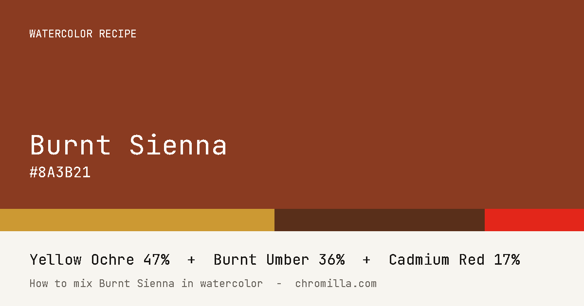 Burnt Sienna paint swatch, hex #8A3B21, mixed from Yellow Ochre, Burnt Umber, and Cadmium Red