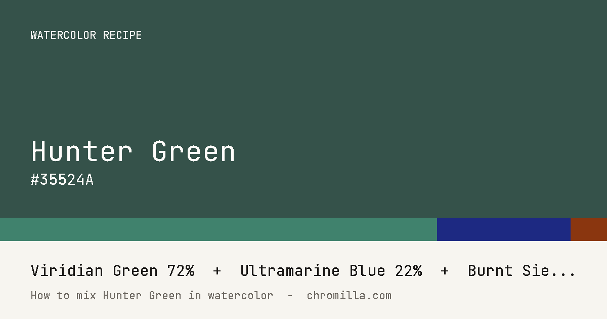 Hunter Green paint swatch, hex #35524A, mixed from Viridian Green, Ultramarine Blue, and Burnt Sienna