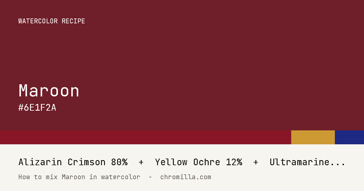 Maroon paint swatch, hex #6E1F2A, mixed from Alizarin Crimson, Yellow Ochre, and Ultramarine Blue