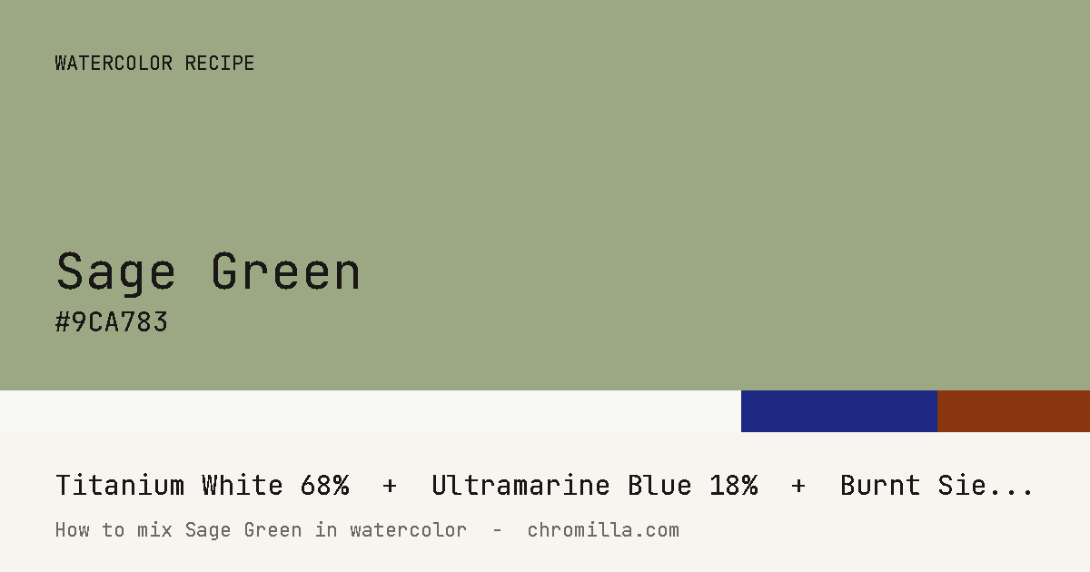 Sage Green paint swatch, hex #9CA783, mixed from Titanium White, Ultramarine Blue, and Burnt Sienna