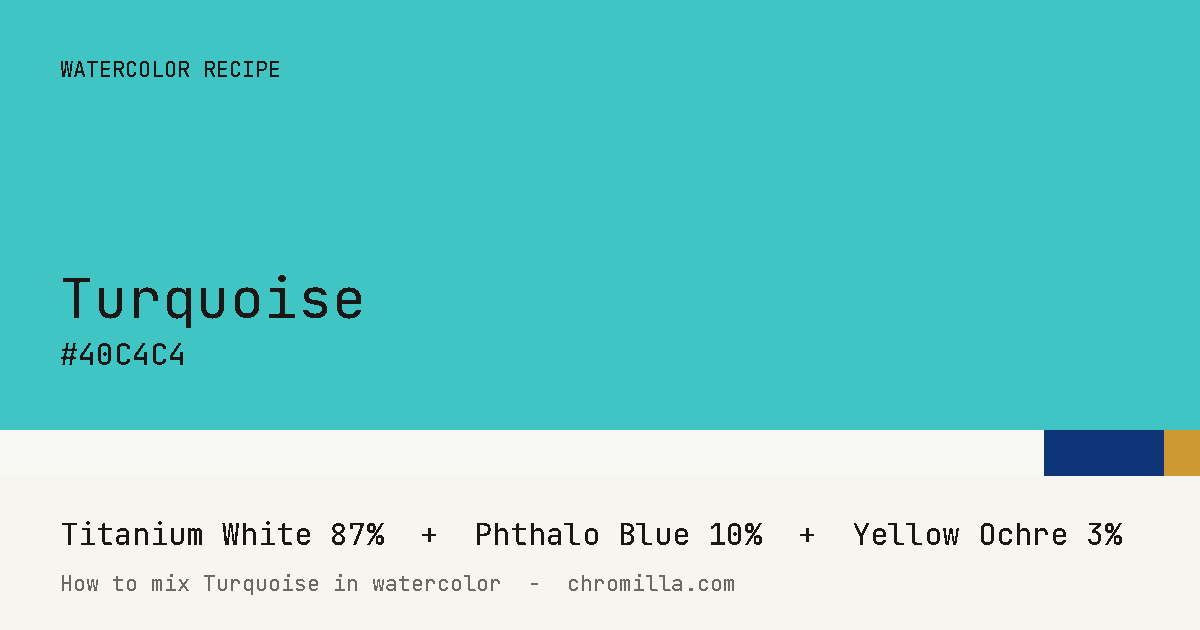 Turquoise paint swatch, hex #40C4C4, mixed from Titanium White, Phthalo Blue, and Yellow Ochre
