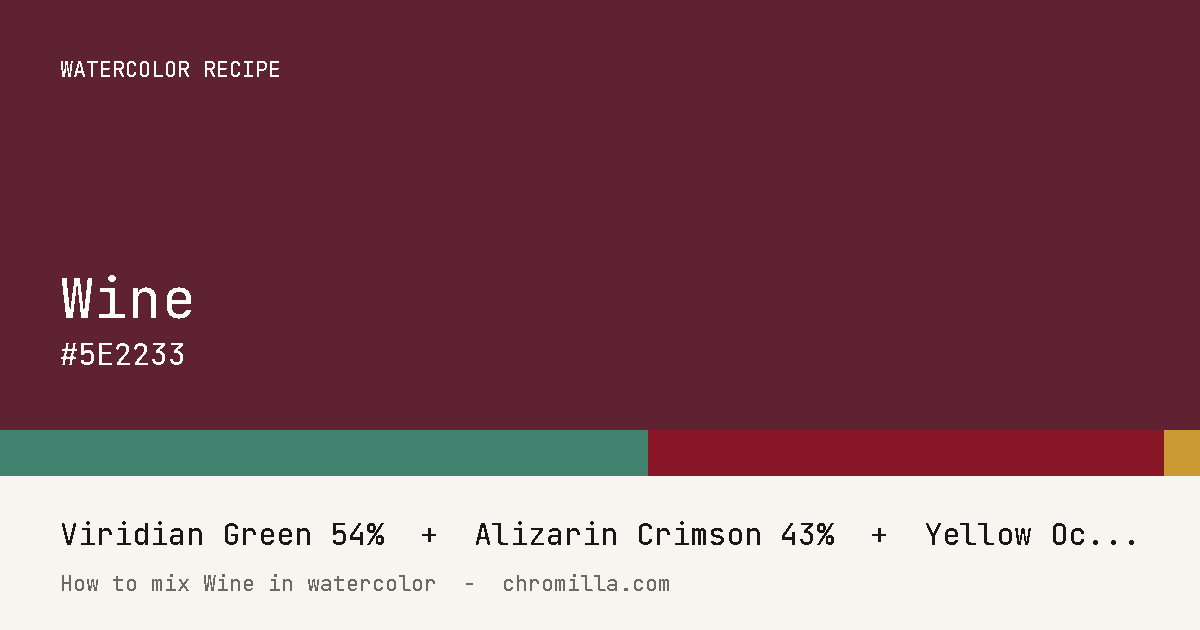 Wine paint swatch, hex #5E2233, mixed from Viridian Green, Alizarin Crimson, and Yellow Ochre